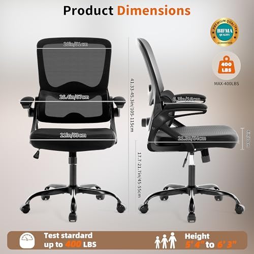 Ergonomic Office Chair,Mesh Office Chair with Lumbar Support,Mid Back Desk Chair with Flip-up Arms,400 lbs Comfy Computer Chair for Home Office