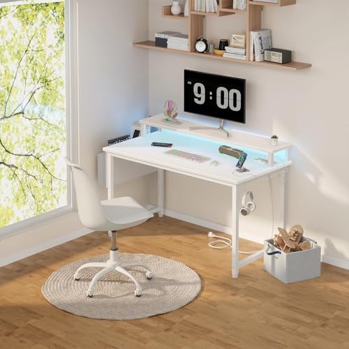 Lufeiya Small White Desk with LED Lights and Power Outlets, 32 Inch Home Office Computer Desks with Monitor Stand, Teen Writing Study Table Gaming Desk with Charging Station, White