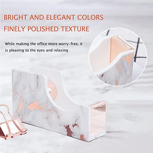 Rose Gold Marble Desk Accessories, Office Supplies Set Stapler Staple Remover, Tape Holder, Pen 2 Ballpoint Pen, Scissor, Binder Clips, Paper Clips and 1000pcs Staples