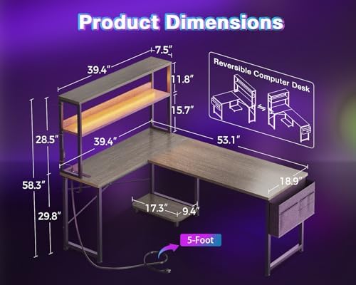 AODK L Shaped Desk Gaming Desk with LED Light & Power Outlet