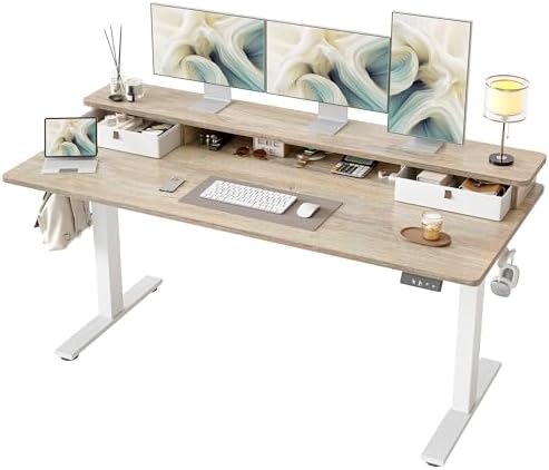 TIQLAB Standing Desk with Two Drawers, Stand Up Standing Desk Adjustable Height, Electric Sit Stand Table with Storage Shelf and Splice Board, 63 * 24 inch, Maple