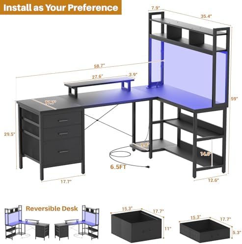 Aheaplus L Shaped Desk with Hutch, Gaming Desk with Led Lights, Reversible Computer Desk with Power Outlet, Corner Desk with File Drawer & Monitor Stand, Storage Shelves for Home Office, Black