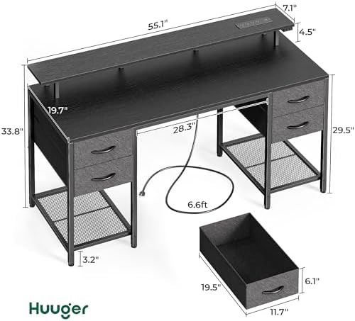 Huuger 55 inch Computer Desk with Power Outlets & 4 Drawers