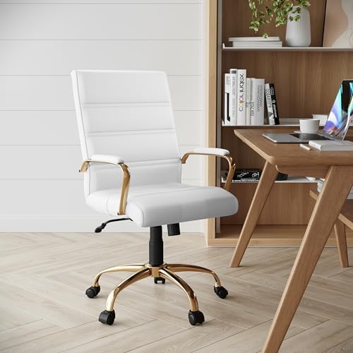 Flash Furniture Mid-Back White LeatherSoft Executive Swivel Office Chair with Gold Frame and Arms