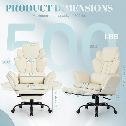 Flip Armrests Criss Cross Office Chair, Reclining Office Chair with Foot Rest, Adjustable Headrest, Massage Waist Pillow, Cross Legged Big and Tall Desk Chair Wide Seat Vanity Chair, White PU Leather