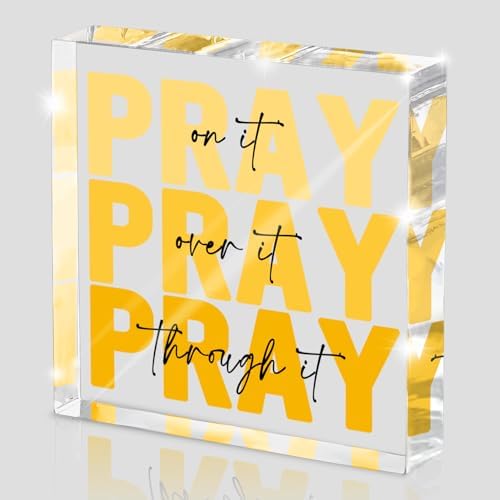 Yellow Dorm Room Decor for Women, Yellow Bathroom Decoration, Ideal Christian Gifts for Women - Pray On It,Pray Over It - Bible Verse Desk Art, Inspirational Decor, Desk Decorations for Office, 4 x 4 inches