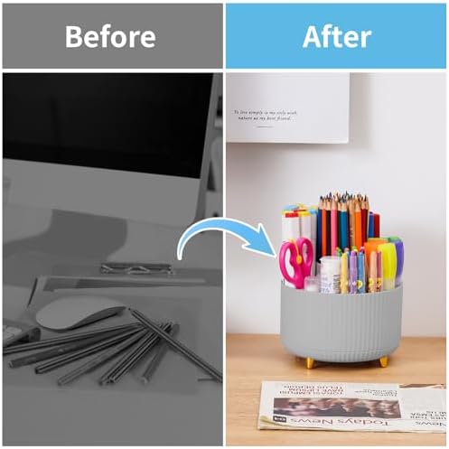 Marbrasse Desk Organizer, 360-Degree Rotating Pen Holder, Desk Organizers and Accessories with 5 Compartments Pencil Holder, Art Supply Storage Box Caddy for Office, Home (Grey)
