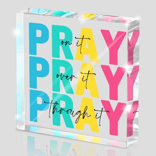 Multicolor Dorm Room Decor for Women, Office Decor for Women, Christian Gifts Desk Bedroom Bible Verse, Desk Decorations for Office, Pray on It Over It Through It, 4 x 4 inch