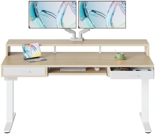HUANUO 63″ x 26″ Electric Standing Desk with 2 Drawers &24.4″ Large Keyboard Tray, C-Clamp Mount Compatible, Adjustable Computer Desk for Office, Sit Stand Up Desk with 4 Height Presets, Light Walnut