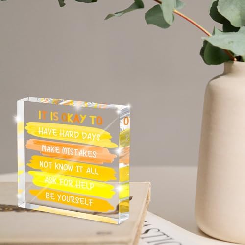 Mental Health Office Decor - Yellow 4 Inch Acrylic Tabletop Sign, Inspirational Desk Accessories for Workplace Wellness, Motivational Quote for Therapy Office & Home Desk