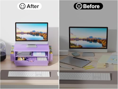 gianotter Desk Organizers and Accessories, Monitor Stand with Drawer and 2 Pen Holder, Desktop Organizer Suitable for Offices and Dormitories (Matte Purple)