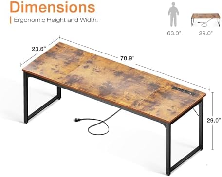 Coleshome 71 Inch Computer Desk with USB Ports, Large Office Desk, Long Study Student Writing Desk, Rustic Brown