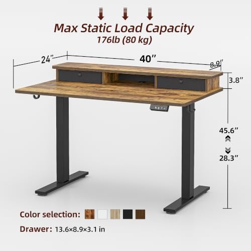 TIQLAB 40 * 24 inch Standing Desk with Two Drawers&Top Shelf, Rustic Brown