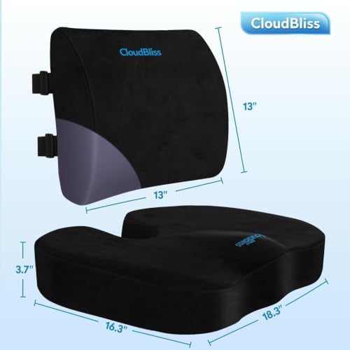 CloudBliss Ergonomic Seat Cushion & Lumbar Support Pillow Set, Black, XL