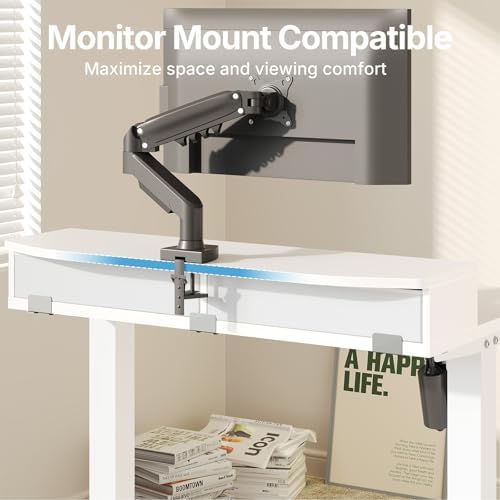 HUANUO 32" X 21" Electric Standing Desk with 2 Drawers, C-Clamp Mount Compatible, Height Adjustable Computer Desk, Home Office Stand Up Desk with 4 Preset Heights & 2 Hooks, White