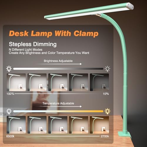 Airlonv LED Desk Lamp with Clamp, 17" Stepless Dimming Light, Mint Green