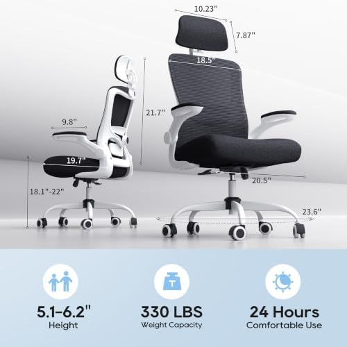 Ergonomic Office Chair for Long Hours, Adjustable Padded Lumbar Support for Lower Back Relief, 330 lb Capacity, Comfortable Computer Desk Chair for Home Office, Work & Study
