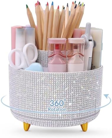 SKYDUE 360 Degree Rotating Desk Organizer, Shining Dual-Purpose Rhinestone Pencil Pen Holder, Rotating Desk Pen Organizer with 5 Slots, Rhinestone Pencil Cup for Office, School, Home