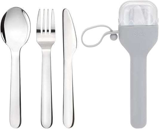 Sophico Travel Utensils Set for Camping and Kids Lunch Box, Stainless Steel Fork and Spoon, Knife Silverware Flatware Sets with Silicone Case - Portable & Leak-proof, Dishwasher Safe (Grey, 1 Set)