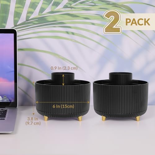 SKYDUE 2 Pack Pen Holder, 360 Degree Rotating Pencil Holder for Desk Organizer, Rotating Desktop Pen Organizer with 5 Slots, Office Supplies, Pencil Cup for Office, School, Home