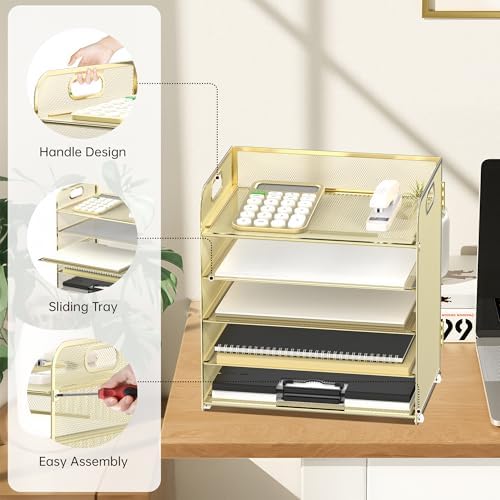 Supeasy 5 Trays Paper Organizer Letter Tray with Handle-Mesh Desk File Organizer, Paper Sorter Desk Organizer for Office, Home or School (Golden)