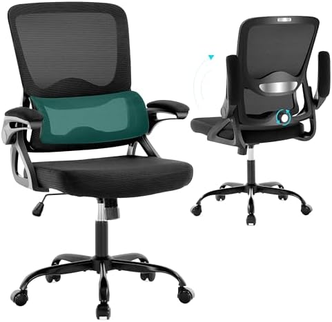 Ergonomic Office Chair,Mesh Office Chair with Lumbar Support,Mid Back Desk Chair with Flip-up Arms,400 lbs Comfy Computer Chair for Home Office (Jet Black)