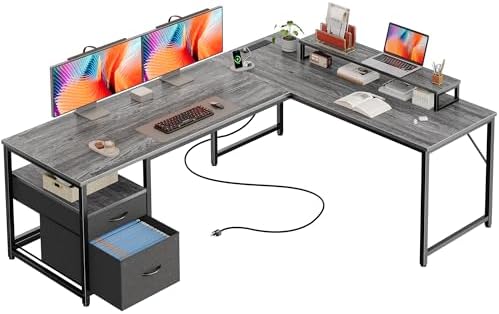 PRAISUN 63 Inch L Shaped Desk with Power Outlets and USB-C Port, Computer Corner Home Office Desk with File Fabric Drawers and Movable Monitor Stand, Larger Storage, Gaming, Writing, Work, Grey