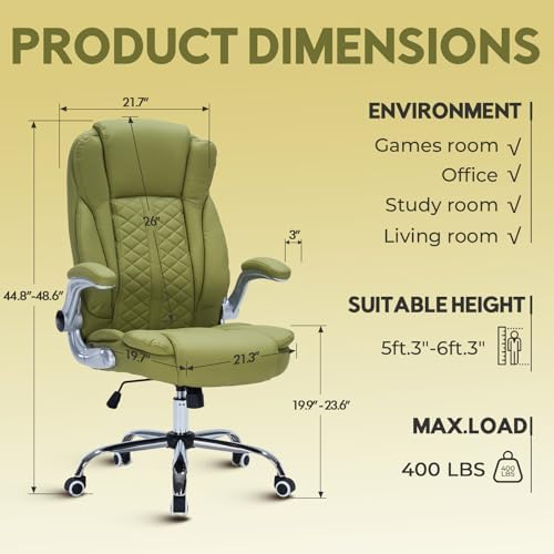 400lbs Executive Office Chair with Flip-Up Armrests, Big and Tall Computer Chair for Heavy People, Heavy Duty Ergonomic Comfy Chair, Breathable PU Leather (Green)