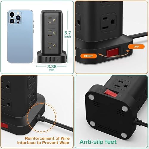 Extension Cord with Multiple Outlets, SMALLRT Power Strip Tower, Outlet Extender with 12 AC Outlets 4 USB, 6.5FT Extension Cord for Home Dorm Room, Office Supplies,Overload Protection