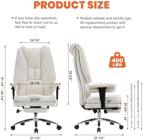 EXCEBET Big and Tall Executive Office Chair 400lbs Wide Seat, PU White