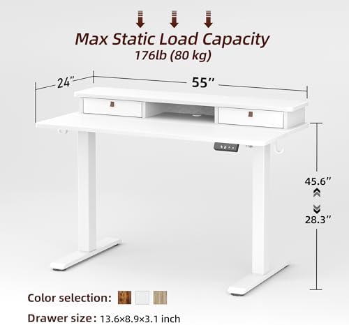 TIQLAB Standing Desk with Two Drawers, Stand Up Standing Desk Adjustable Height, Electric Sit Stand Table with Storage Shelf and Splice Board, 55 * 24 inch, White