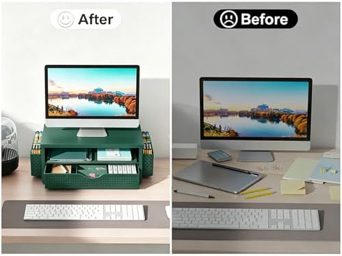 gianotter Desk Organizers and Accessories, Monitor Stand with Drawer and 2 Pen Holder, Desktop Organizer Suitable for Offices and Dormitories (Green)