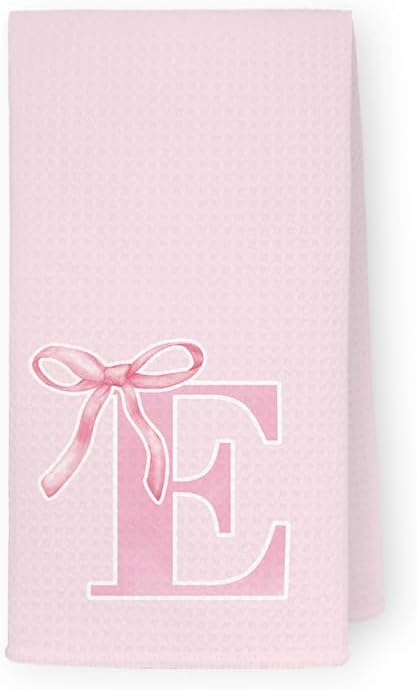 Monogrammed Initial E Hand Towels for Bathroom, Personalized Gifts for Women Girls Birthday Christmas, Coquette Preppy Pink Bows Waffle Kitchen Dish Tea Towels with Initial, 16x24 Inch