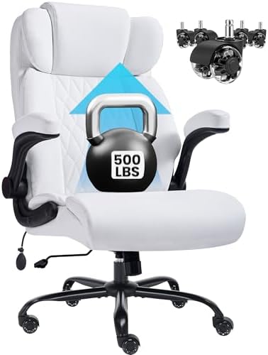 500lbs Big and Tall Office Chair Adjustable Lumbar Support for Back Pain, Extra Wide Seat Executive Office Chair Thick Armrest Pad, Heavy Duty Base&Upgraded Wheels, Ergonomic Desk Chair