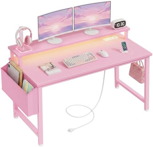 Lufeiya Girls Desk with Power Outlets and LED Lights, 40 Inch Gaming Desk Table with Charging Station, Home Office Computer Desks with Monitor, Pink