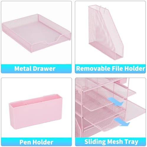 5-Tier Desk File Organizer with Drawer & Pen Holder (Pink)