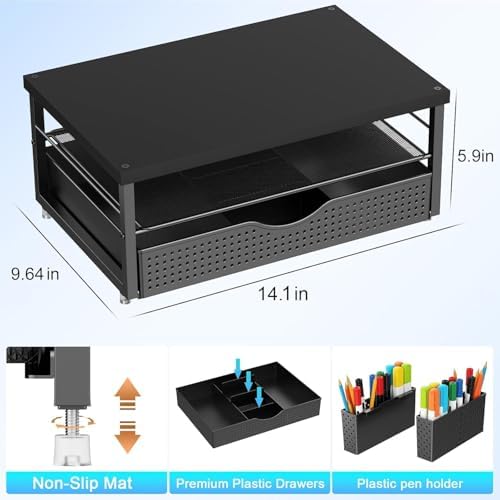 gianotter Desk Organizers and Accessories, Monitor Stand with Drawer and 2 Pen Holder, Desktop Organizer Suitable for Offices and Dormitories (Matte Black)