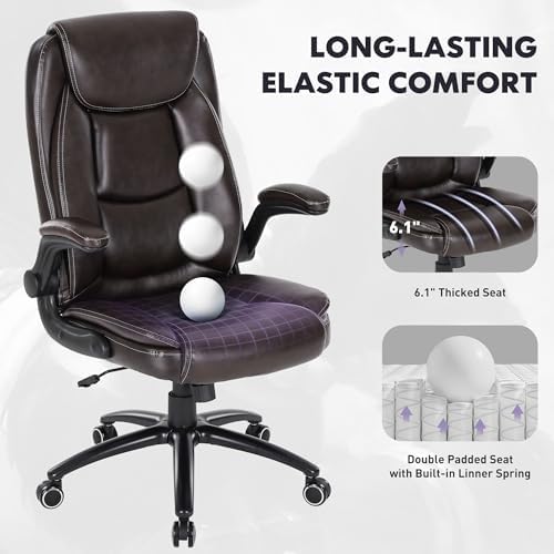 300lbs Capacity Executive Desk Chair Set of 2 with Ergonomic Lumbar Support, Flip-up Arms & High Back Leather Computer Chair for Home/Office, Brown