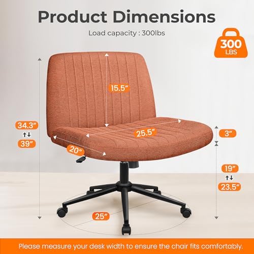 NEO CHAIR Criss Cross Chair with Wheels Armless Cross Legged Office Desk Wide Comfy Vanity Makeup Chair Adjustable Swivel Rolling Computer for Home Office Fabric (Brown)