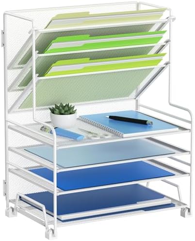 MINDEPOT 4-Tier Paper Organizer + 3-Pocket File Holder + Drawer + Pen Holders, Desktop File Organizers Paper Tray for Office Supplies School Classroom Organization (White, no Drawer & Pen Holder)