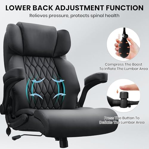 500lbs Big and Tall Office Chair Adjustable Lumbar Support for Back Pain, Extra Wide Seat Executive Office Chair Thick Armrest Pad, Heavy Duty Base&Upgraded Wheels, Ergonomic Desk Chair