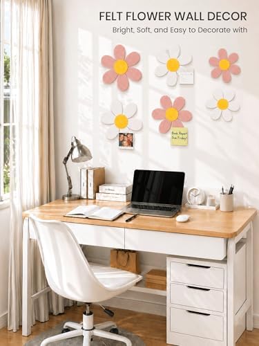 Fluxynara 6 PCS Daisy Felt Flower Wall Decor, Daisy Bulletin Board for Nursery & Girl Room, 3-Size Acoustic Felt Wall Art for Bedroom, Baby’s Room, Kids’ Spaces, Pink/White
