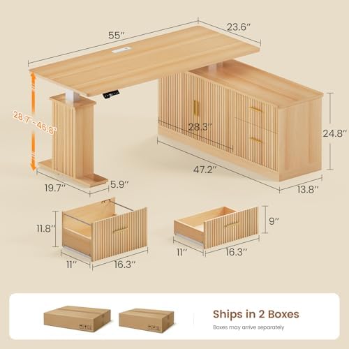 SEDETA Fluted L Shaped Executive Electric Standing Desk with Drawers