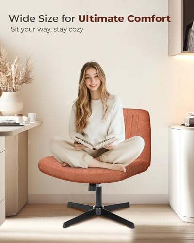 NEO Chair Criss Cross Chair No Wheels, Armless Cross Legged Office Desk Chair, Vanity Makeup Fabric Computer Comfy Adjustable Swivel Ergonomic Living Bedroom for Home Office (Fabric Brown)