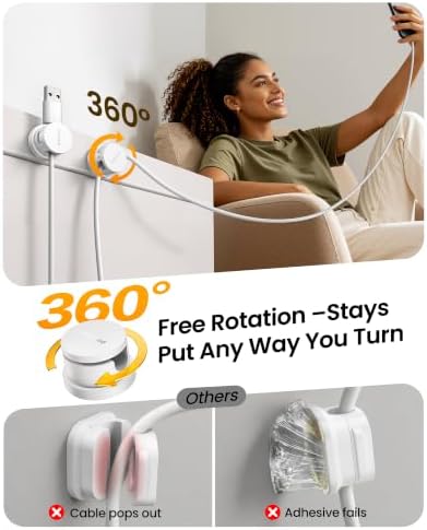 Silkland 6 Pack Snap-Lock Cable Clips, 360° Rotatable Cord Holder for Desk