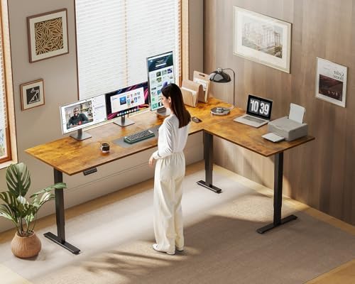 OffiGo 71 Inch Reversible L Shaped Electric Standing Desk, Rustic Brown
