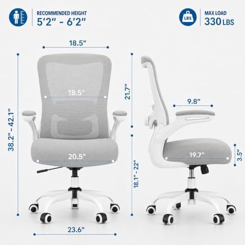 Ergonomic Office Chair for Long Hours, Padded Lumbar Support for Lower Back Relief, 330 lb Capacity, Comfortable Computer Desk Chair for Home Office, Computer & Study (Modern, Light Gray)