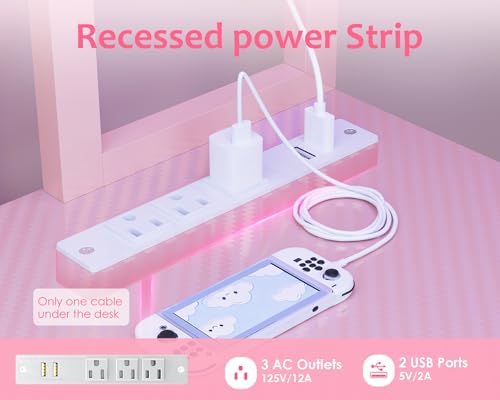 ODK 53" L Shaped Gaming Desk with Shelves, LED & Outlets, Pink