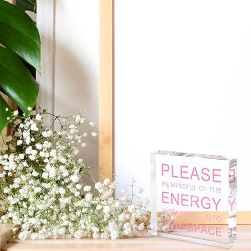Please Be Mindful of The Energy Desk Sign - 4x4 Inch Pink Acrylic Office Decor for Women, Therapist Room Decor, Positive Workspace Sign, Calm Office Accessories & Wellness Gift