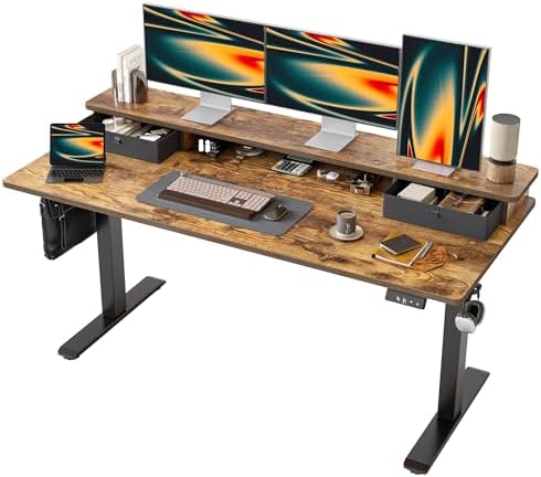 TIQLAB Standing Desk with Two Drawers, Stand Up Standing Desk Adjustable Height, Electric Sit Stand Table with Storage Shelf and Splice Board, 63 * 24 inch, Rustic Brown